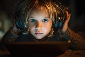 Young Child with Headphones Learning on Digital Tablet