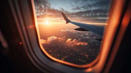 Naklejka premium Airplane wing with stunning view of city lights and clouds at sunset, concept for travel adventure, business transportation and aerial photography scenery