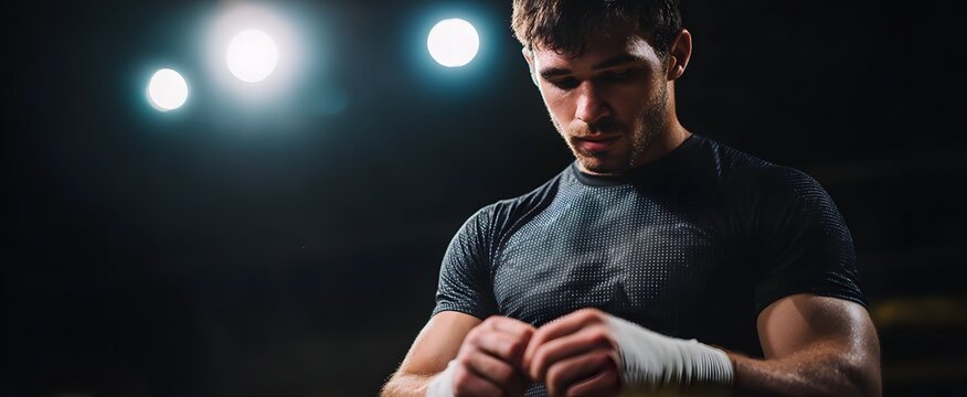 The boxer securing his hands with tape ahead of intense boxing training.