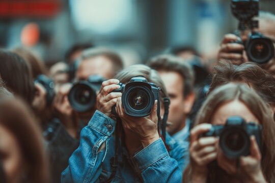 A crowd of photographers are holding up DSLR cameras ready to capture images, concept for journalism, event coverage and paparazzi photography