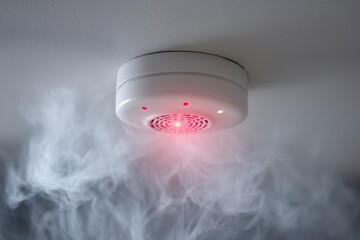Smoke detector activating on ceiling with visible smoke and red indicator light flashing quickly, concept for home safety, fire prevention and property protection