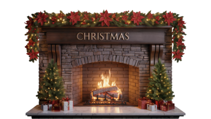 Festive christmas fireplace with glowing fire decorated trees presents and garland isolated on transparent background