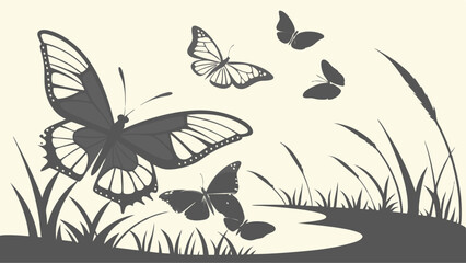 Elegant Flying Butterflies Silhouette Over Grassy Meadow and Pond Vector Graphic for Spring Summer Nature Design
