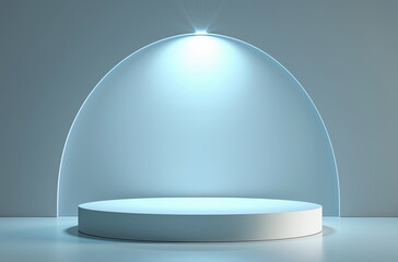 White background, blue light and shadow gradient circular stage with podium design, high-end medical technology style. 