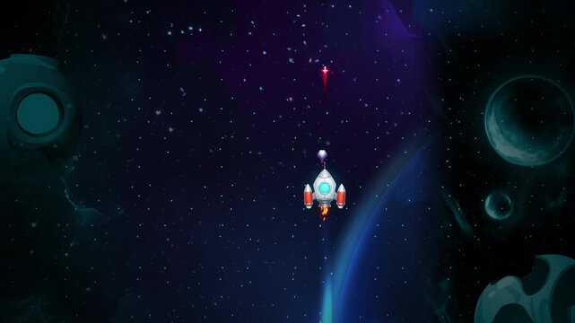 A small retro-gaming style spaceship fires upward in a vivid nebula, destroying an alien UFO with an explosion, Boss fight and victory in a retro space shooter game. scene.