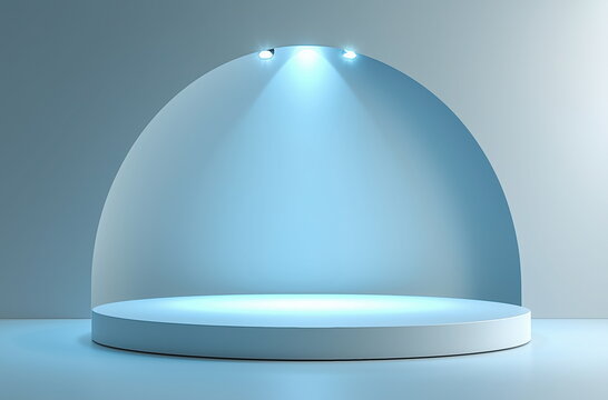 White background, blue light and shadow gradient circular stage with podium design, high-end medical technology style. 