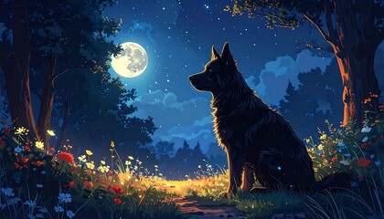 An illustrated scene featuring a black dog under a bright full moon in a magical forest. Colorful flowers bloom in the foreground