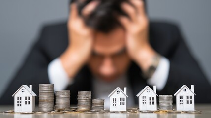 Stressed businessman with head in hands and toy houses, beside stack of coins showing declining real estate value, concept for financial crisis, mortgage risk and property market recession