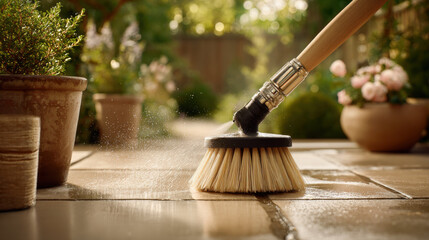 Cleaning patio with a brush. A close-up of a patio being cleaned with a brush, showcasing cleanliness and order in an outdoor setting.