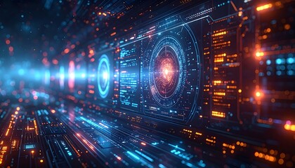An abstract, futuristic design showcasing a digital interface tunnel with vibrant blue and orange color gradients. The central focus is a circular data display