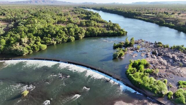 Aerial drone footage of Ivanhoe crossing in Kununurra, a popular travel destination in the remote outback of Western Australia.