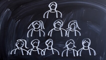 Simple chalk drawing on a blackboard depicting a hierarchical organizational chart with a leader at the top and multiple levels of subordinates below representing teamwork and management structure