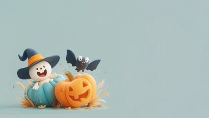 Cute 3D Cartoon Halloween Scene with Ghost, Pumpkin, and Bat on Pastel Background
