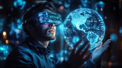 A businessman wearing VR glasses interacts with a holographic globe. Generative Ai.