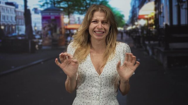 Woman hands raised palms out in white polka dot dress on city street with cafes and sidewalk; anxiety hesitation.