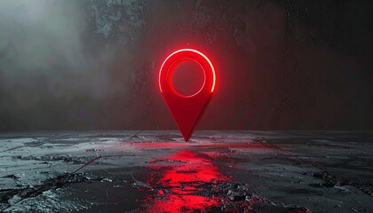 Radiant red location pin glowing intensely on a dramatic cracked surface, representing pinpoint accuracy, modern navigation, and the concept of a specific destination in an impactful, abstract scene
