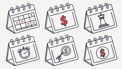 Six Hand Drawn Line Art Calendar Icons for Business Planning, Financial Strategy, and Time Management. Doodle Style Desk Calendars with Red Accents.