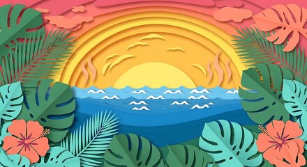 Vibrant Paper Cut Tropical Landscape Illustration with Golden Sunset Over Ocean Waves and Exotic Foliage Frame, Perfect for Summer Backgrounds and Serene Holiday Designs