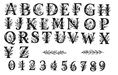 Fancy floral alphabet with decorative letters and numbers for creative designs and artwork