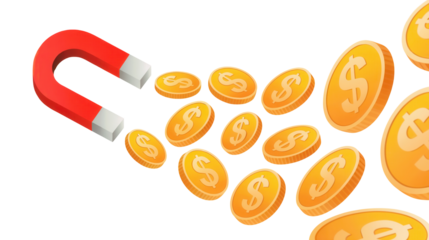 Red horseshoe magnet attracting a cluster of golden bitcoins and coins on a transparent background isolated on transparent background