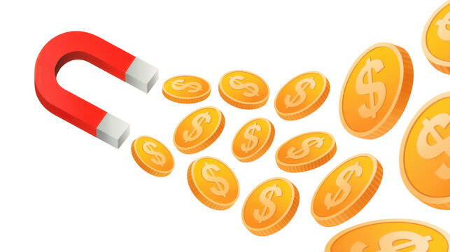 Red horseshoe magnet attracting a cluster of golden bitcoins and coins on a transparent background isolated on transparent background