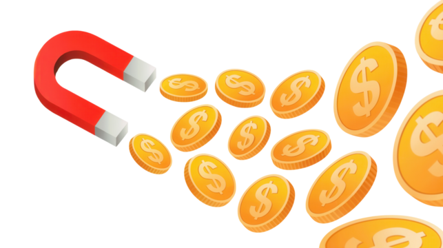 Red horseshoe magnet attracting a cluster of golden bitcoins and coins on a transparent background isolated on transparent background