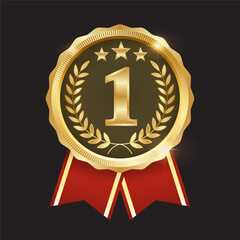 Gold No.1 Champion Badge – Premium Ranking Medal with Laurel Wreath and Red Ribbon Award Vector