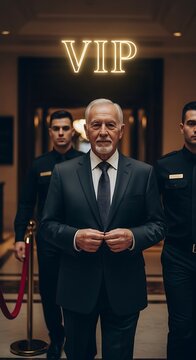 Powerful man with bodyguards entering VIP area, exuding wealth and influence.