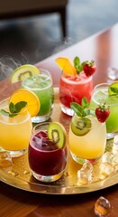 Colorful and Refreshing Fruit Cocktails on a Golden Tray.