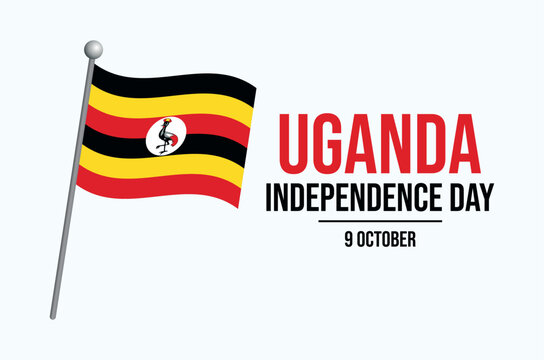 Uganda Independence Day poster vector illustration. Waving flag of uganda icon. Ugandan flag on a pole symbol. Template for background, banner, card. 9 October every year. Important day