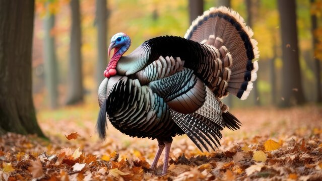 Majestic Wild Turkey Displaying Plumage in Autumnal Forest Setting.