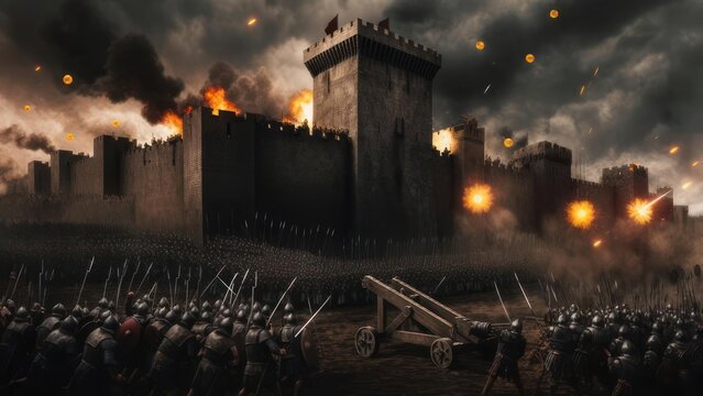 Medieval Castle Siege Under Dramatic Night Sky with Catapult Attack.
