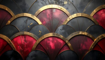 Abstract Pattern of Red and Black Scales with Golden Edges.