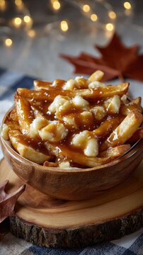 Golden fries with cheese curds and gravy in wooden bowl on wood slice foreground, bokeh lights with maple leaf in background, canadian quebecois snack, cozy autumn comfort food atmosphere