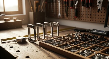 Arrangement of woodworking instruments on an artisan workbench setting