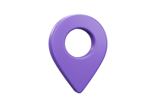 Purple map pointer PNG isolated on transparent background, location pin icon for navigation and travel apps - Powered by Adobe