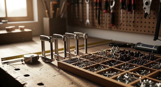 Arrangement of woodworking instruments on an artisan workbench setting