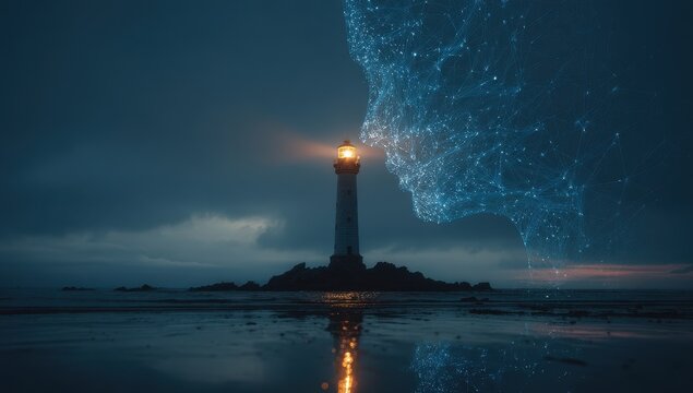 Vibrant photo of a majestic lighthouse shining brightly under a starry night sky reflection - Powered by Adobe