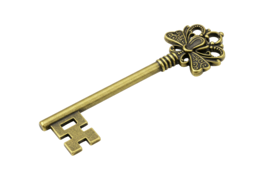 Antique brass key isolated on transparent background PNG, vintage ornate skeleton key for design elements and historical themes