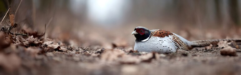 Obraz premium Ring necked pheasant resting on ground in autumn forest