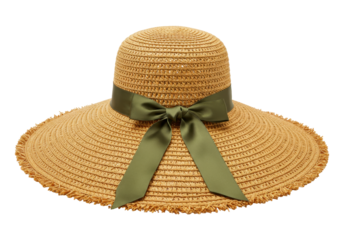 Isolated straw floppy sun hat with green satin ribbon, for women fashion style accessory