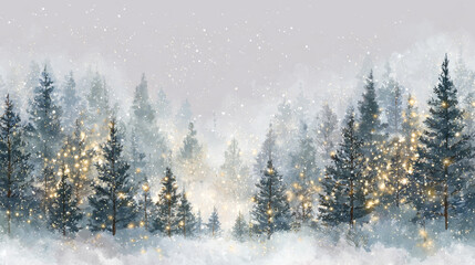Winter forest painted in watercolor style. Tall pine trees covered with snow decorated with yellow lights and snowflakes falling. Warm bokeh lights. Generative AI