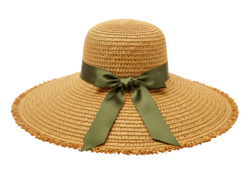 Isolated straw floppy sun hat with green satin ribbon, for women fashion style accessory