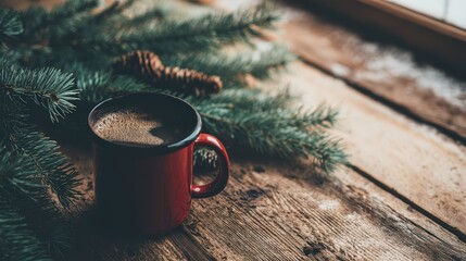 Cozy holiday scene with steaming hot coffee in a red mug on rustic wooden table surrounded by pine branches outdoor winter setting