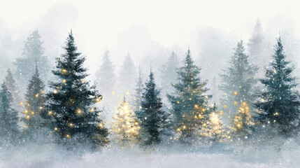Winter forest painted in watercolor style. Tall pine trees covered with snow decorated with yellow lights and snowflakes falling. Warm bokeh lights. Generative AI