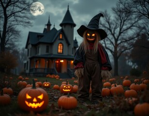 Fototapeta premium A spooky scarecrow stands in a pumpkin patch before a haunted mansion illuminated by jack-o'-lanterns on a cloudy autumn evening halloween costumes costume illustration holiday cartoon party zombie 