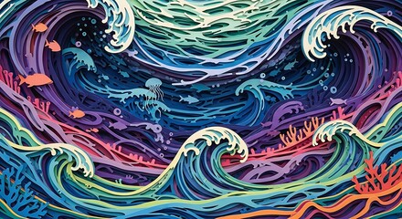 Vibrant Underwater Scene with Crashing Waves and Marine Life in a Colorful, Stylized Illustration