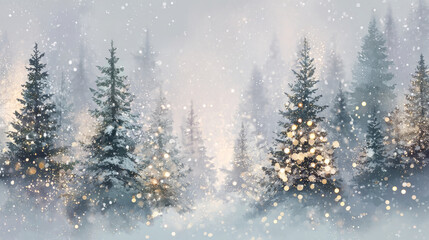 Winter forest painted in watercolor style. Tall pine trees covered with snow decorated with yellow lights and snowflakes falling. Warm bokeh lights. Generative AI
