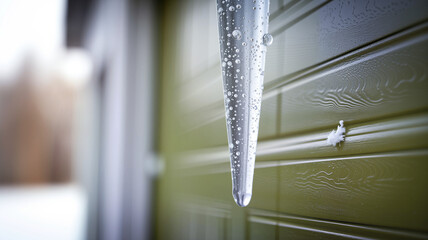 Icicle hanging from green garage door against blurred winter background  