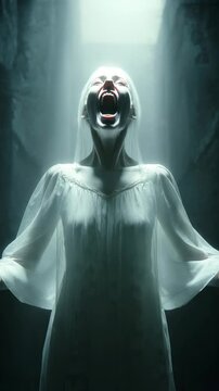 Ghostly woman screaming under dramatic top light, ethereal supernatural figure, horror scene with white gown, powerful emotion, spectral vision, fear and mystery